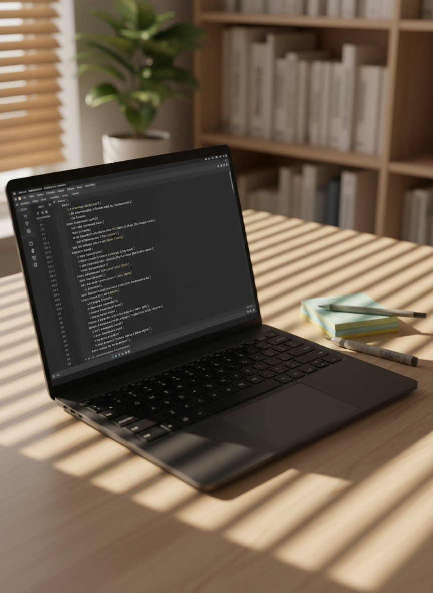 An open laptop with a matte black finish sits on a clean, pale birch desk, its screen displaying a minimalist text editor filled with neatly spaced lines of monochrome text. Beside it, a tidy stack of color-coded sticky notes and a well-used mechanical pencil with a worn rubber grip add texture. Late afternoon light streams through blinds, creating distinct horizontal bands of shadow across the keyboard and desk surface. The background fades into a soft bokeh of shelves holding neutral-toned books and a single plant. Photographic realism, shot from a three-quarter elevated angle, evoking a focused yet relaxed atmosphere ideal for thoughtful personal opinions and long-form commentary.